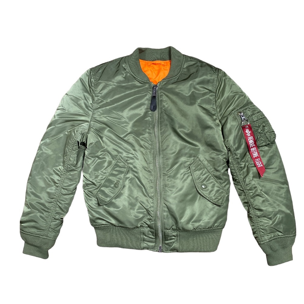 Alpha Industries MA-1 Reversible Bomber Jacket Satin Army Green Womens Medium
